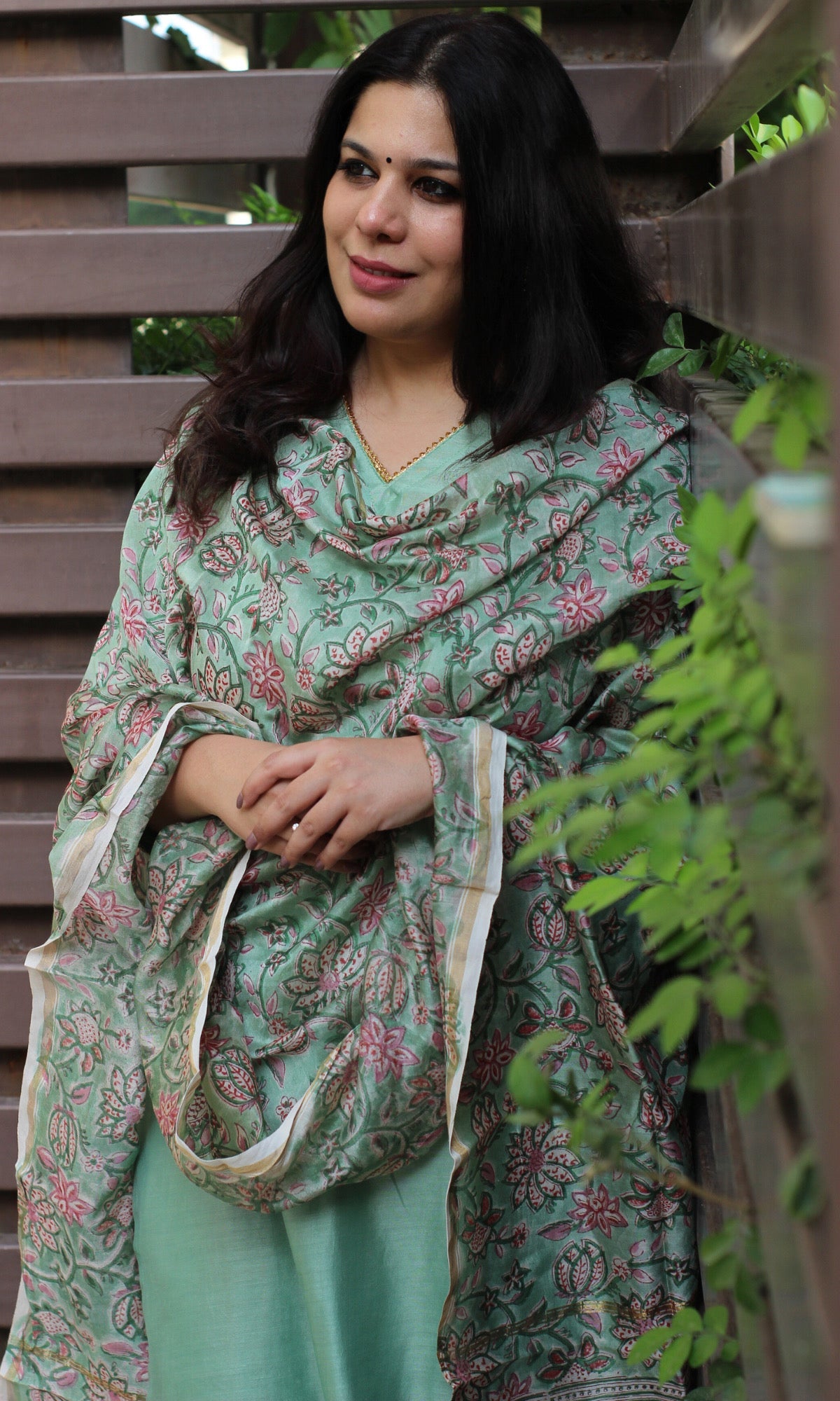 Chanderi Silk Green Kurta and Dupatta with Cotton Pants - Baareeki