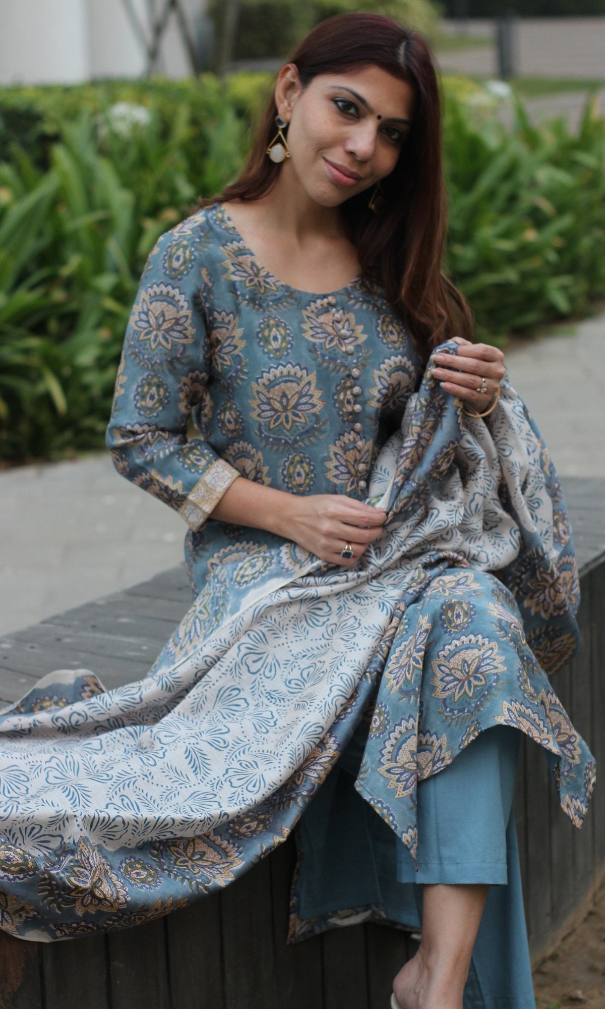 Chanderi Silk Handblock Blue Kurta and Dupatta with Cotton Pants - Baareeki