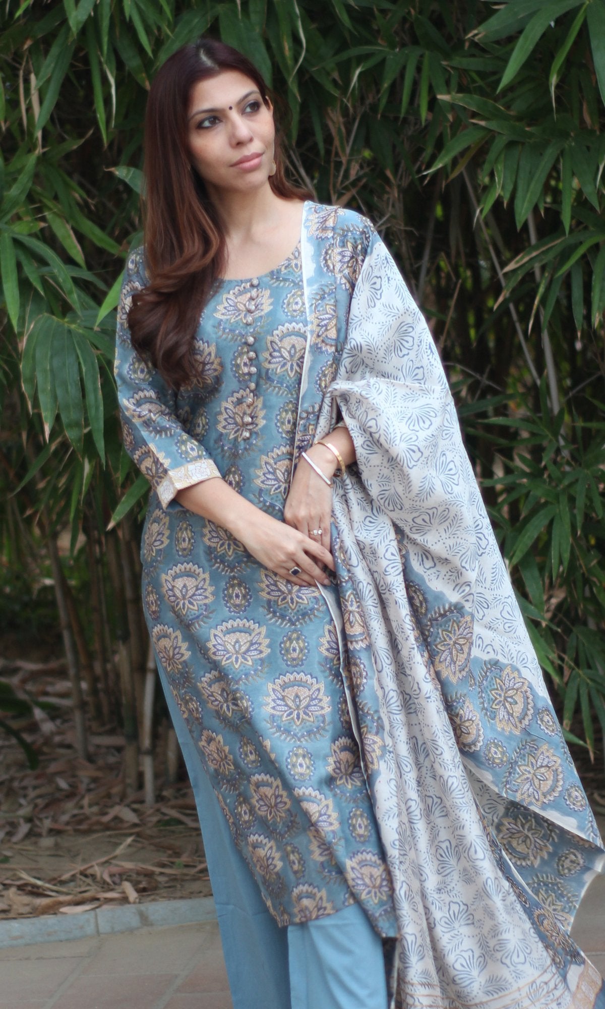 Chanderi Silk Handblock Blue Kurta and Dupatta with Cotton Pants - Baareeki