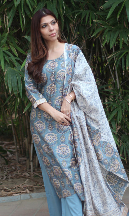 Chanderi Silk Handblock Blue Kurta and Dupatta with Cotton Pants - Baareeki