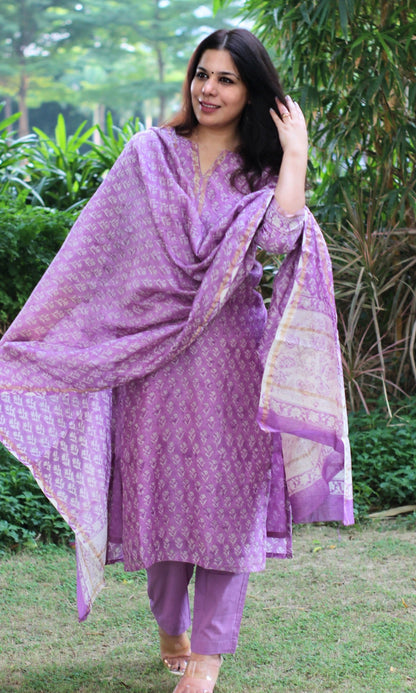 Chanderi Silk Handblock Purple Kurta and Dupatta with Cotton Pants - Baareeki