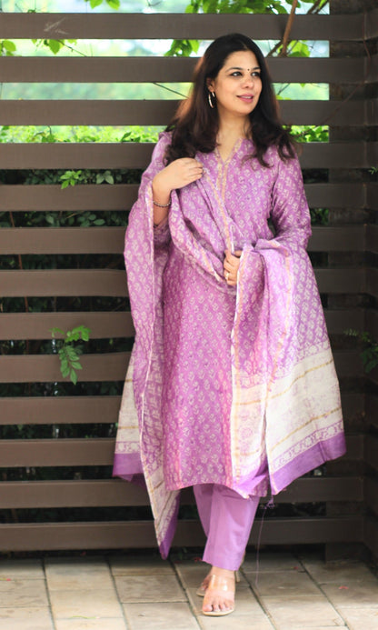 Chanderi Silk Handblock Purple Kurta and Dupatta with Cotton Pants - Baareeki