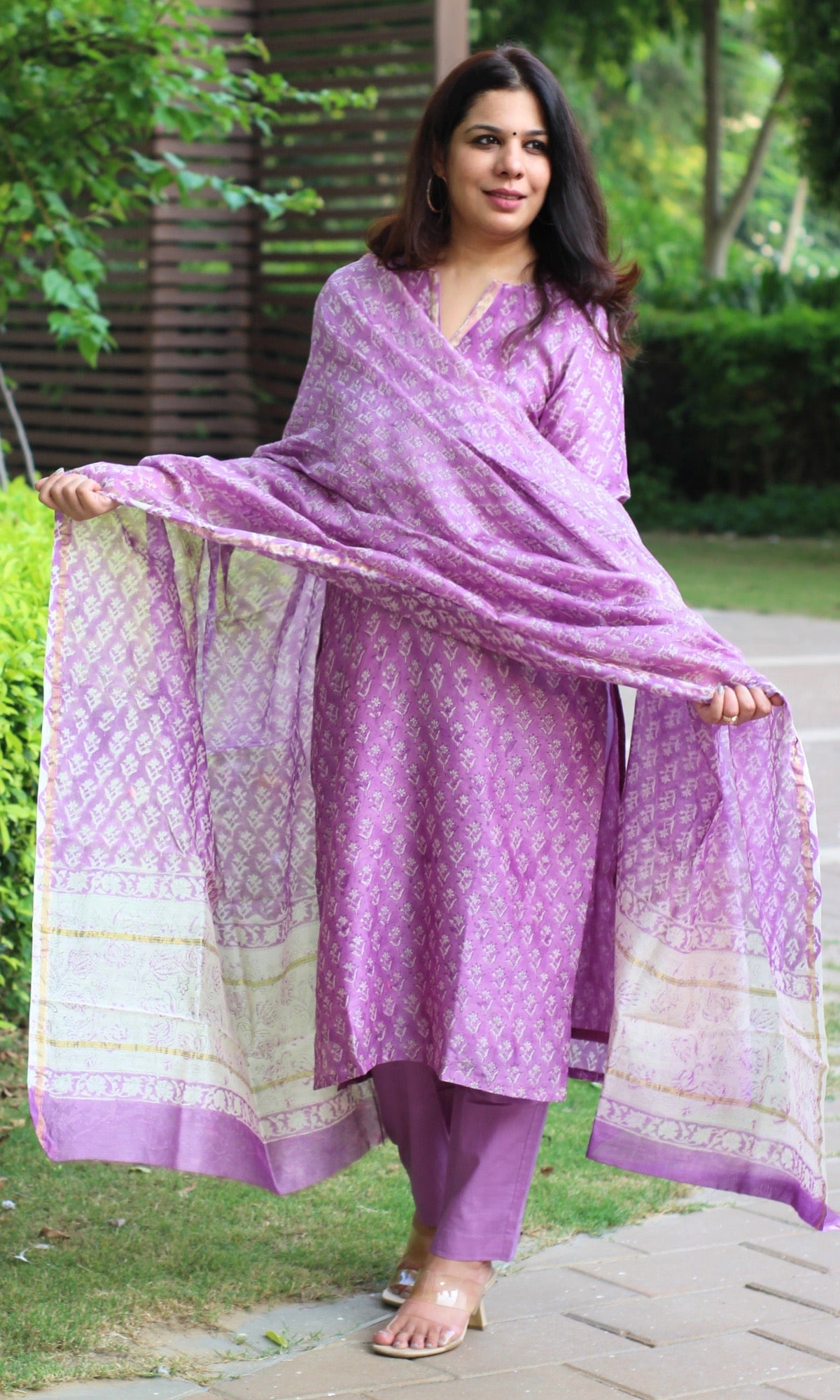 Chanderi Silk Handblock Purple Kurta and Dupatta with Cotton Pants - Baareeki