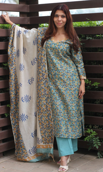 Chanderi Silk Handblock Teal Kurta and Dupatta with Cotton Pants - Baareeki