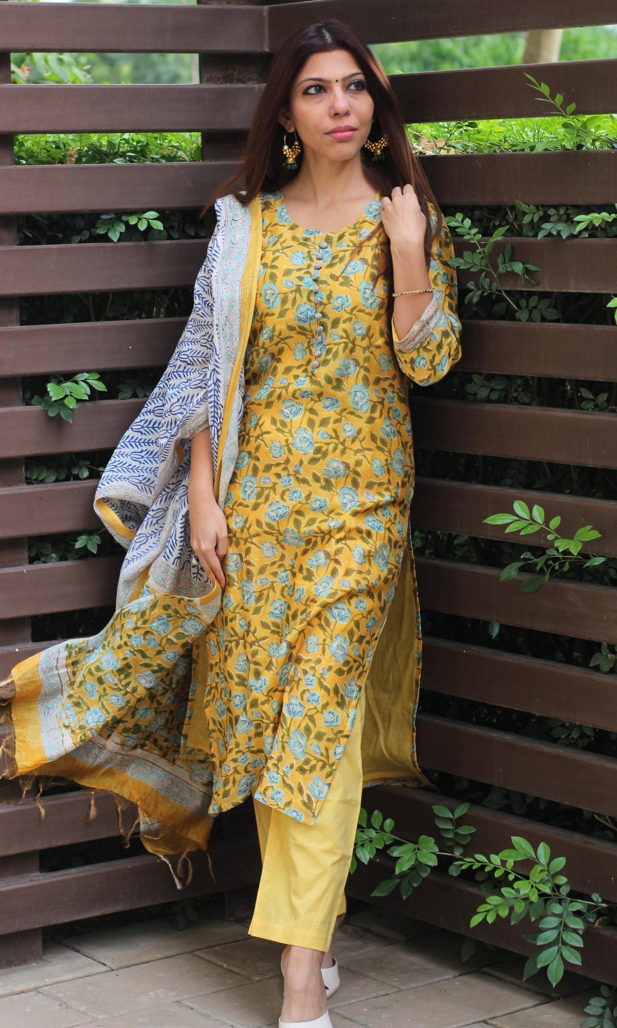 Chanderi Silk Handblock Yellow Kurta and Dupatta with Cotton Pants - Baareeki