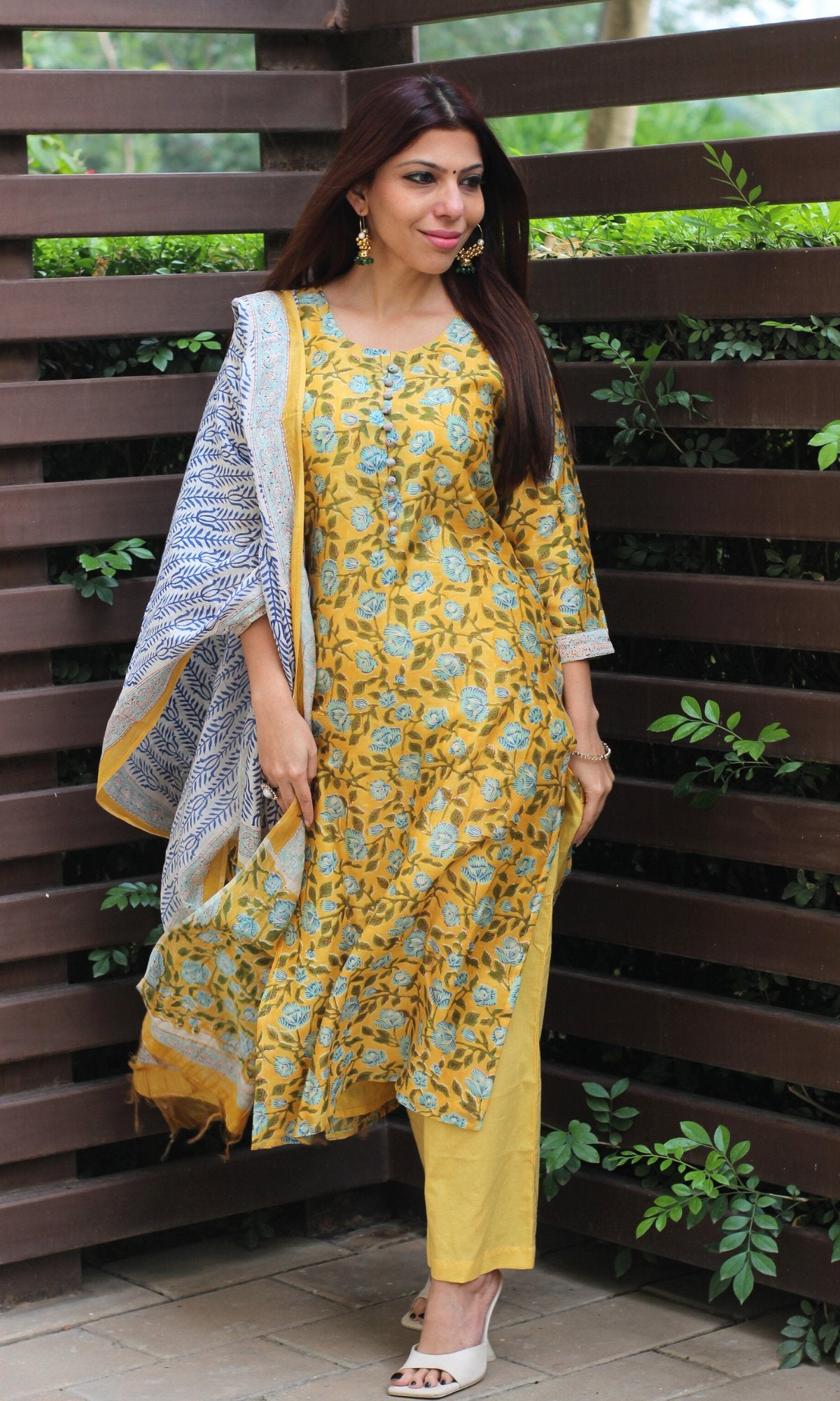 Chanderi Silk Handblock Yellow Kurta and Dupatta with Cotton Pants - Baareeki