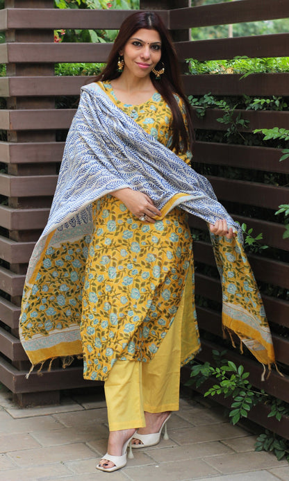 Chanderi Silk Handblock Yellow Kurta and Dupatta with Cotton Pants - Baareeki