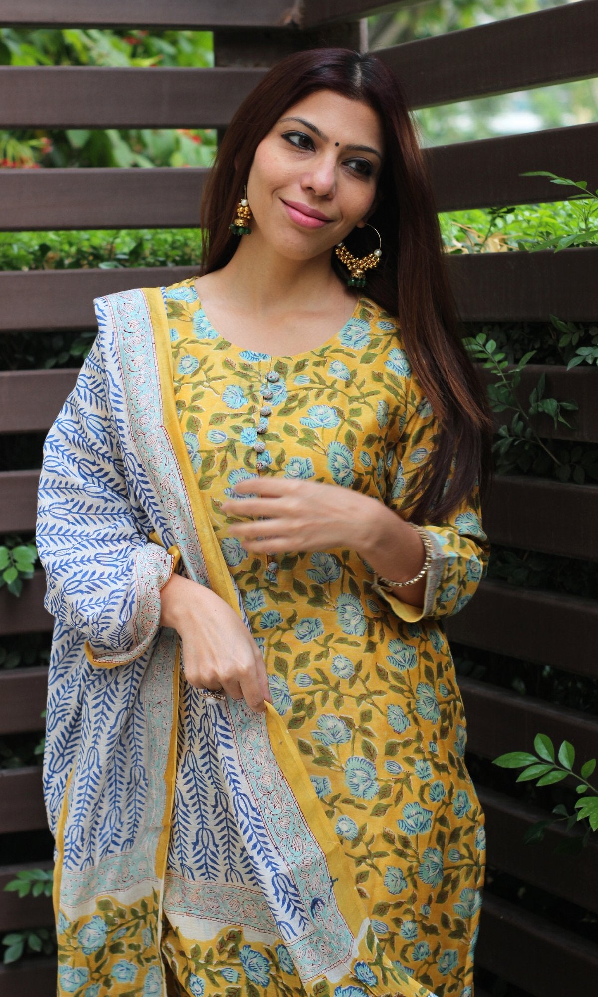 Chanderi Silk Handblock Yellow Kurta and Dupatta with Cotton Pants - Baareeki