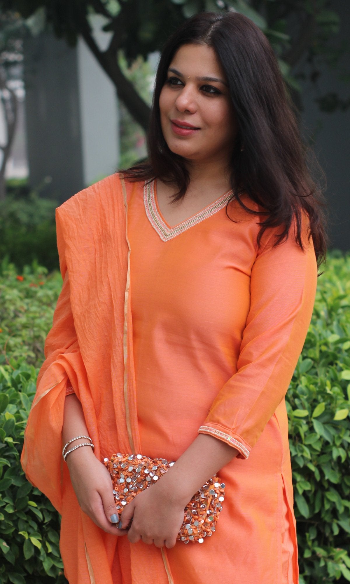 Chanderi Silk Orange Handbead and Sequin Work Kurta and Dupatta with Cotton Pants - Baareeki