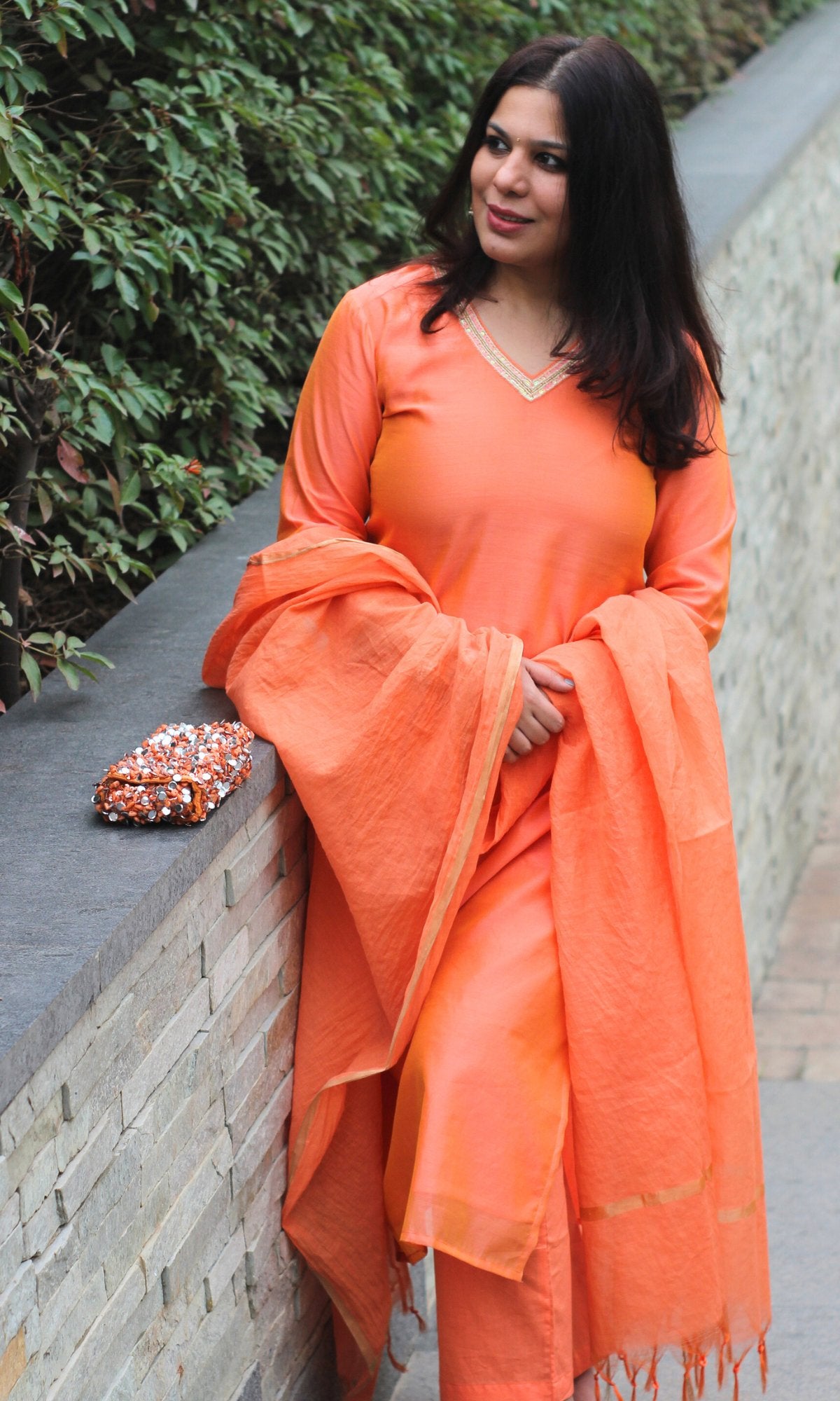 Chanderi Silk Orange Handbead and Sequin Work Kurta and Dupatta with Cotton Pants - Baareeki