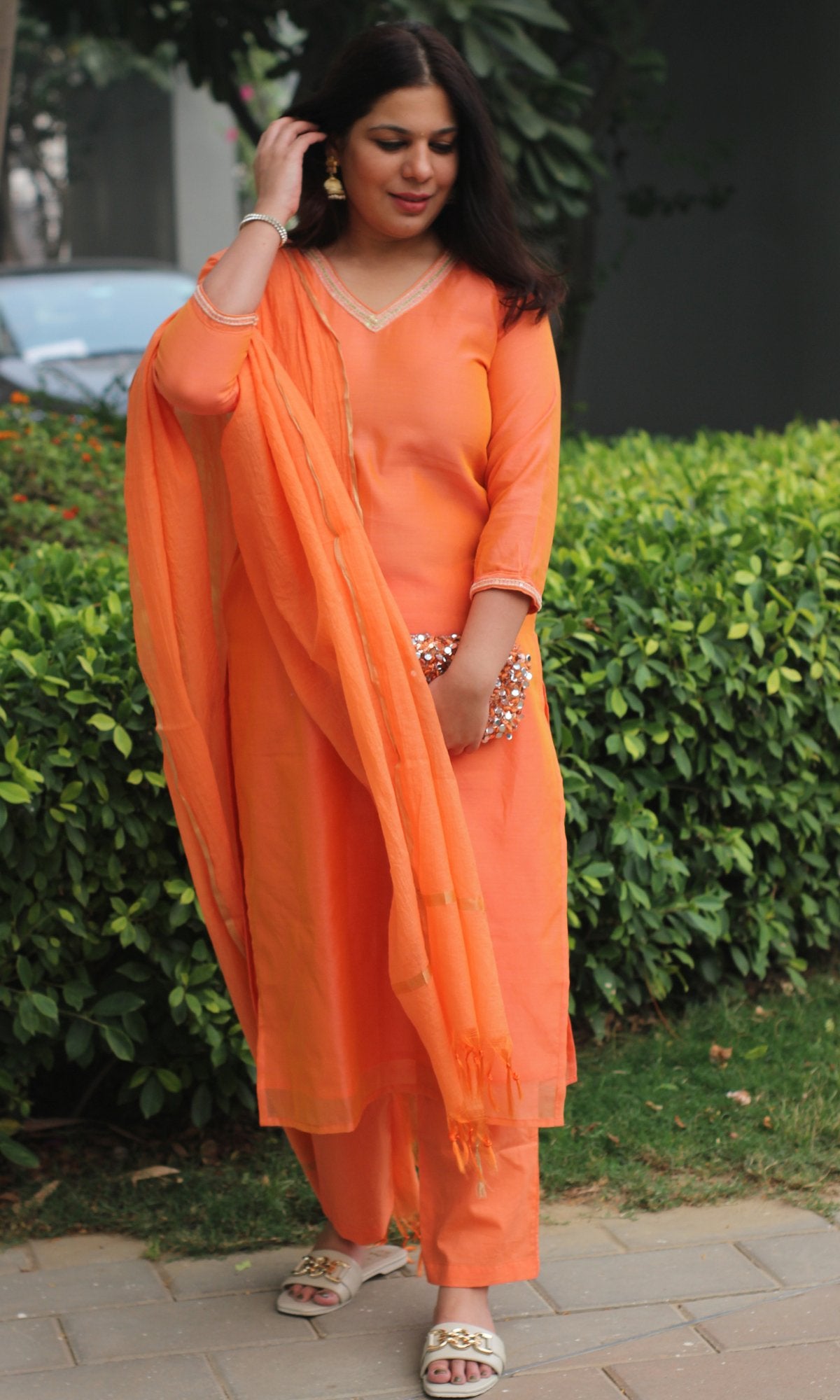 Chanderi Silk Orange Handbead and Sequin Work Kurta and Dupatta with Cotton Pants - Baareeki