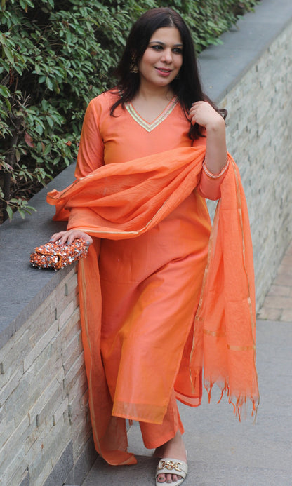 Chanderi Silk Orange Handbead and Sequin Work Kurta and Dupatta with Cotton Pants - Baareeki