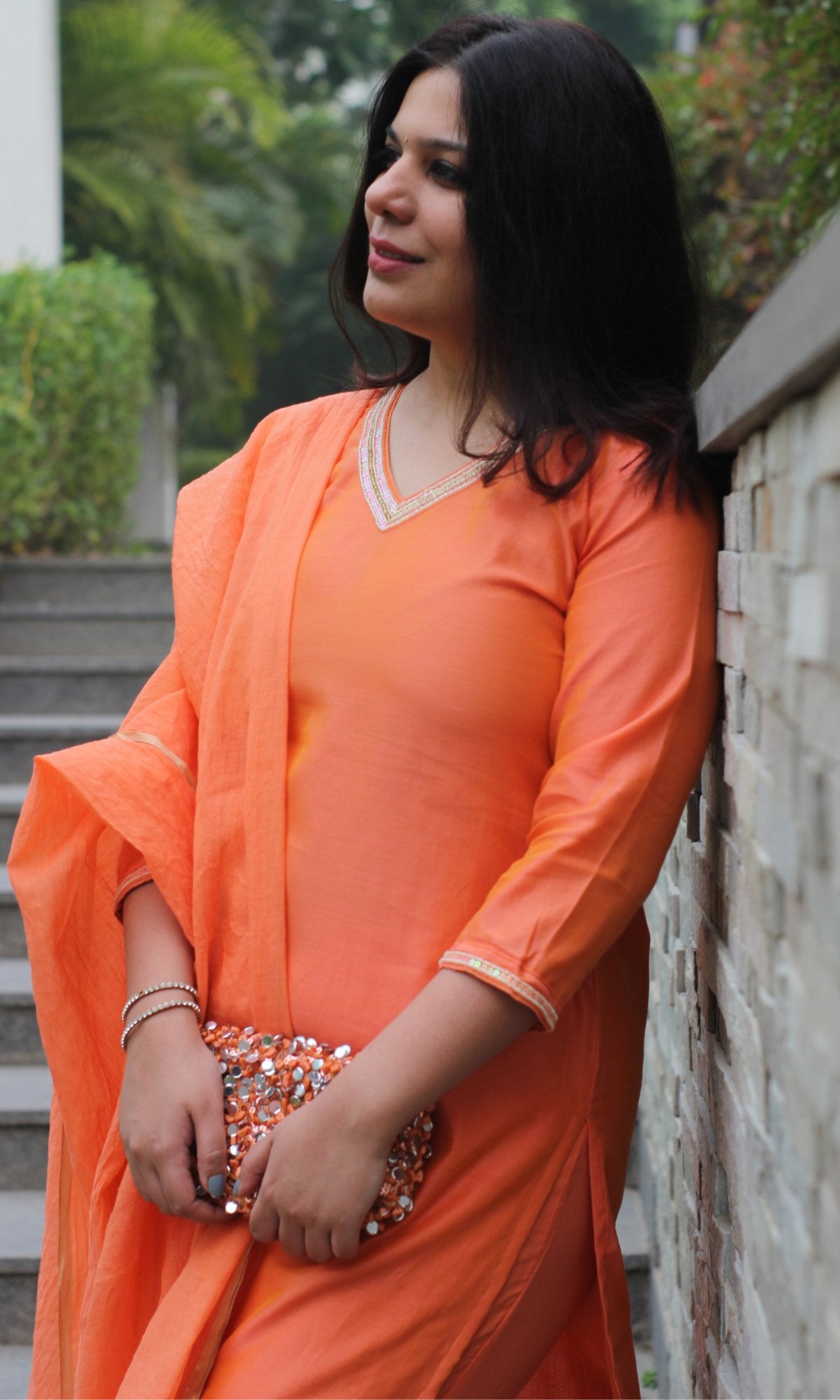 Chanderi Silk Orange Handbead and Sequin Work Kurta and Dupatta with Cotton Pants - Baareeki