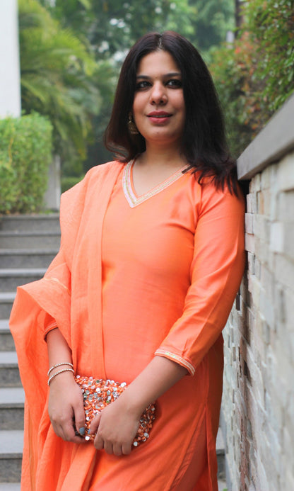 Chanderi Silk Orange Handbead and Sequin Work Kurta and Dupatta with Cotton Pants - Baareeki