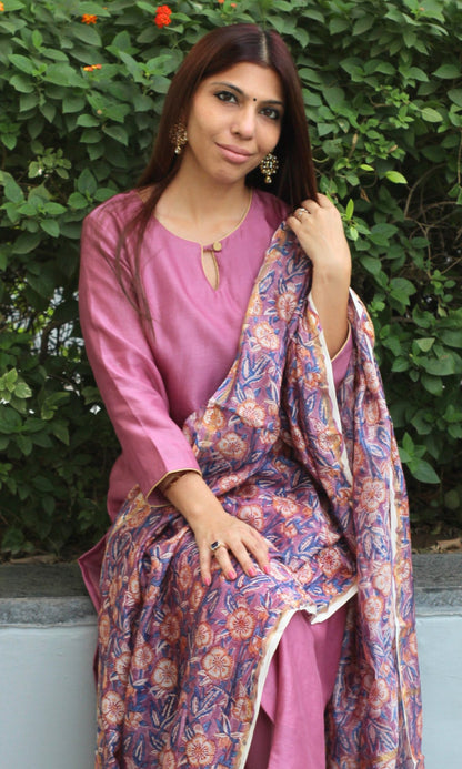 Chanderi Silk Purple Kurta and Dupatta with Cotton Pants - Baareeki