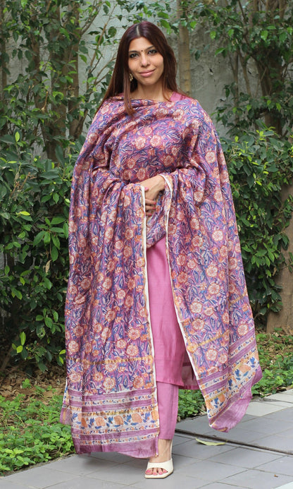 Chanderi Silk Purple Kurta and Dupatta with Cotton Pants - Baareeki