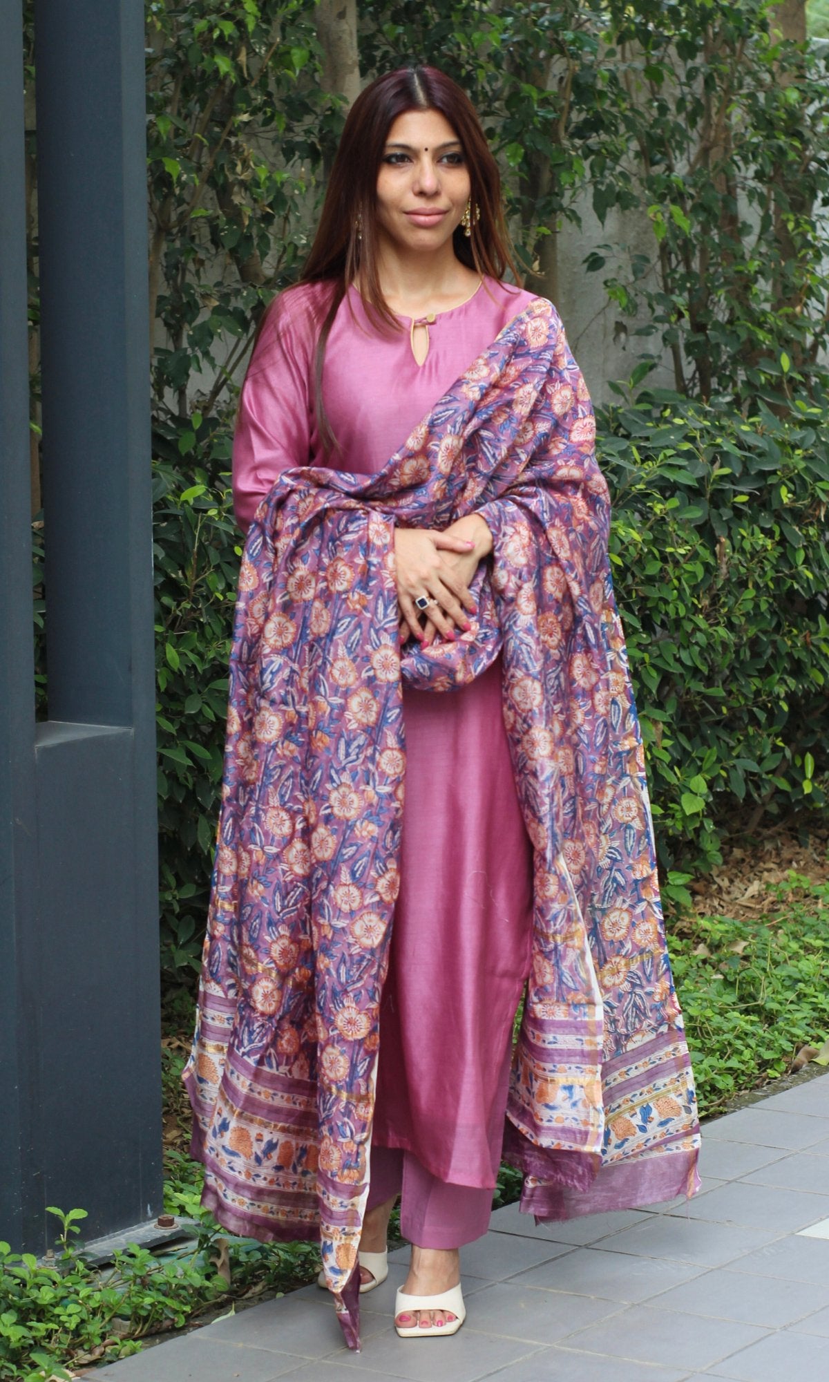 Chanderi Silk Purple Kurta and Dupatta with Cotton Pants - Baareeki