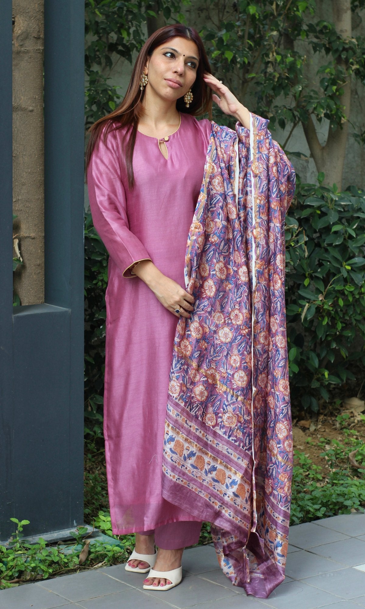 Chanderi Silk Purple Kurta and Dupatta with Cotton Pants - Baareeki