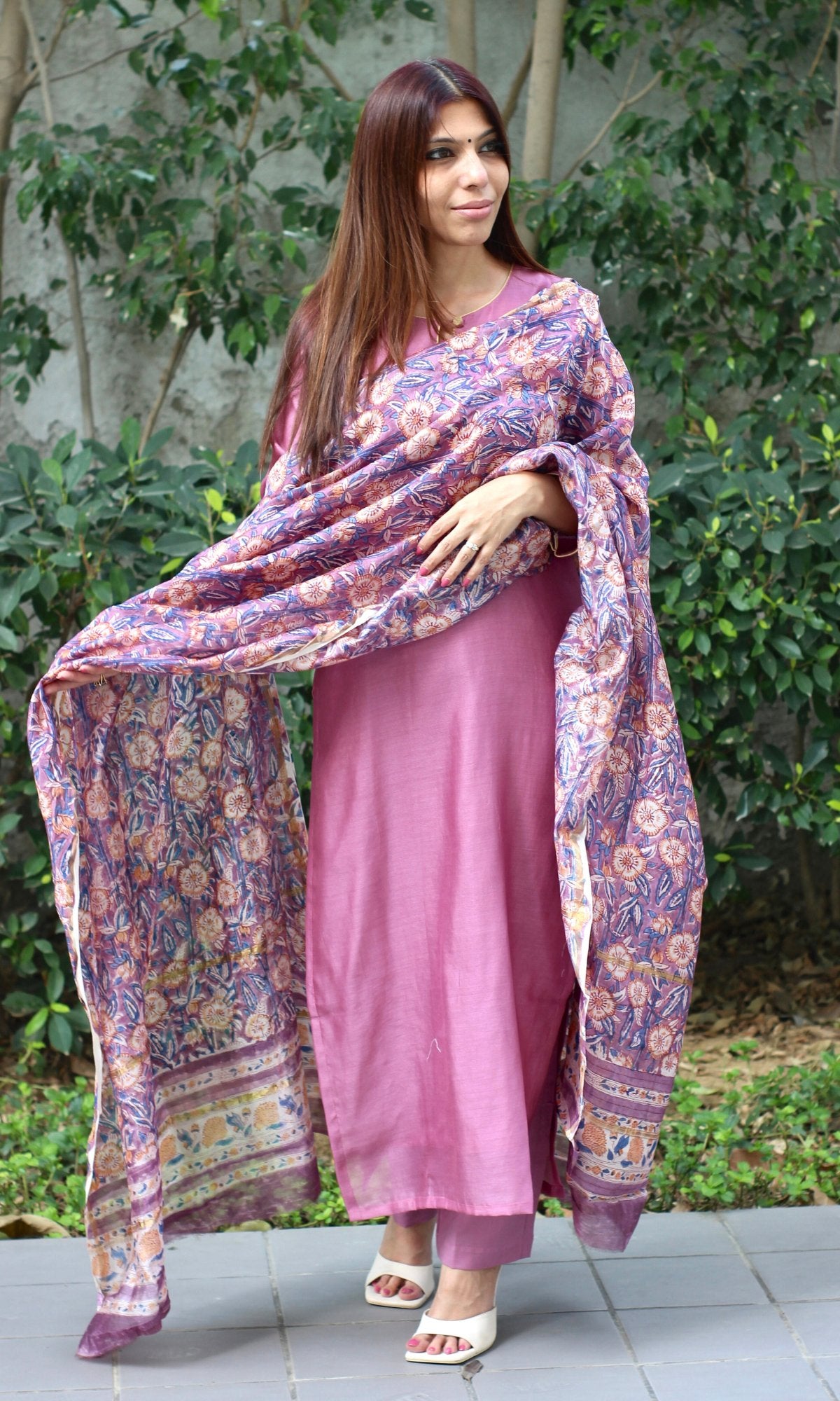 Chanderi Silk Purple Kurta and Dupatta with Cotton Pants - Baareeki