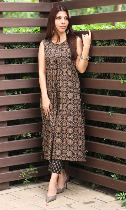 Cotton Ajrakh Print Black High Slit Kurta and Pants Set - Baareeki