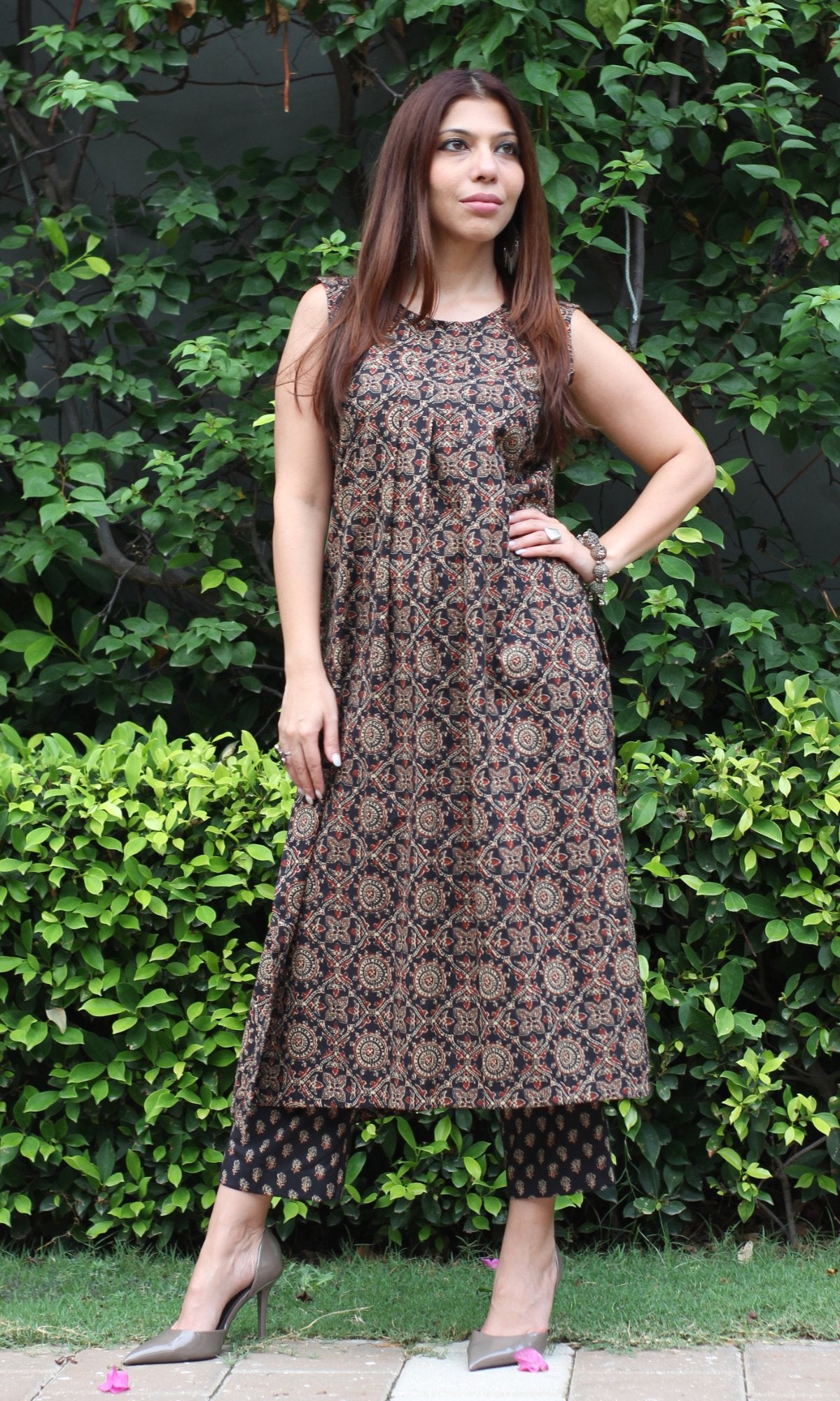 Cotton Ajrakh Print Black High Slit Kurta and Pants Set - Baareeki