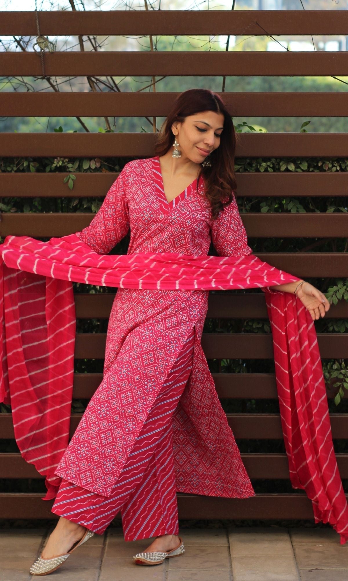 Cotton Bandhani Print Hot Pink Suit Set with Printed Chiffon Dupatta - Baareeki