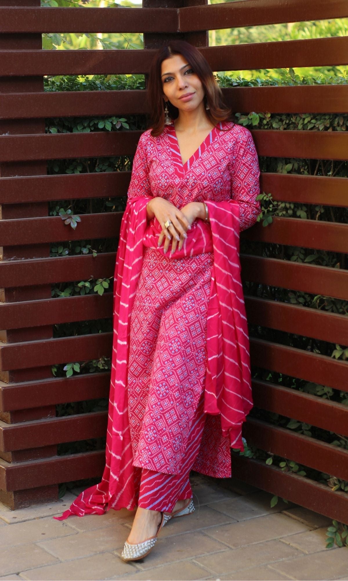 Cotton Bandhani Print Hot Pink Suit Set with Printed Chiffon Dupatta - Baareeki