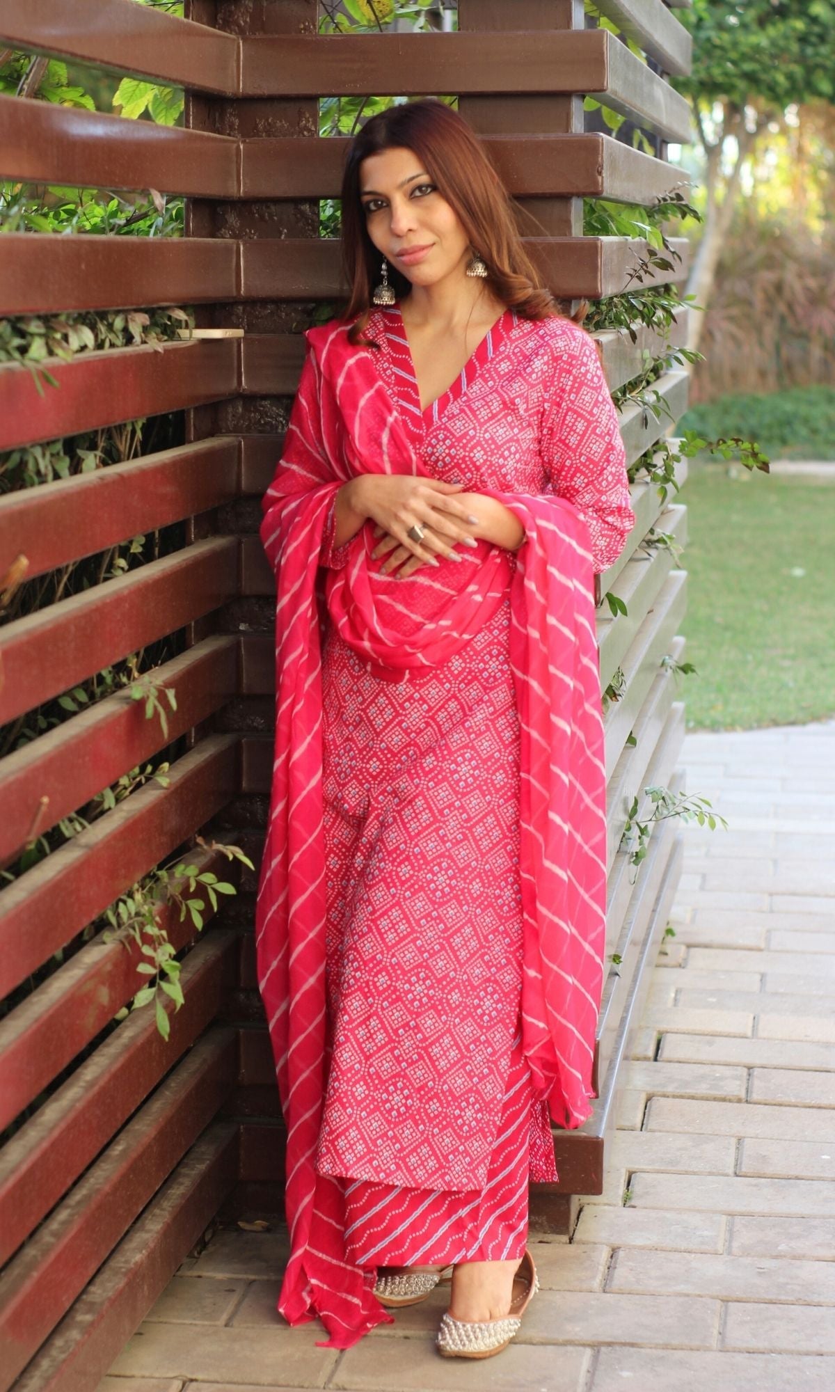 Cotton Bandhani Print Hot Pink Suit Set with Printed Chiffon Dupatta - Baareeki