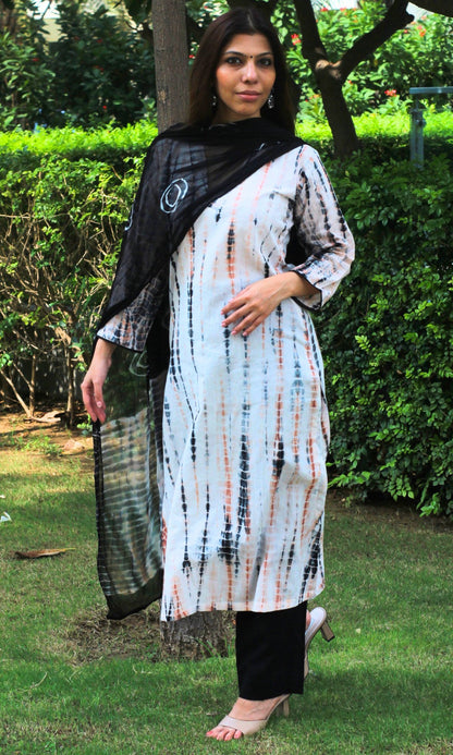 Cotton Black Tie and Dye Suit Set with Chiffon Dupatta - Baareeki