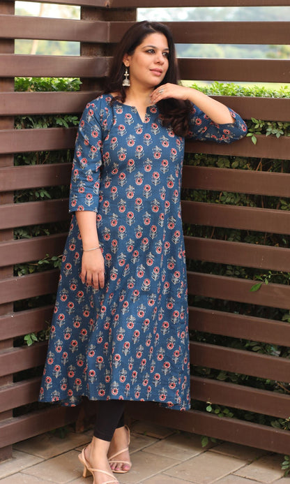 Cotton Block Print Blue Kali Kurta - Baareeki