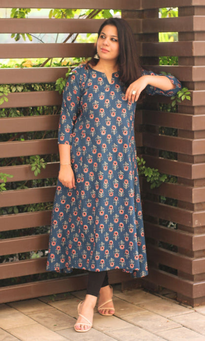 Cotton Block Print Blue Kali Kurta - Baareeki