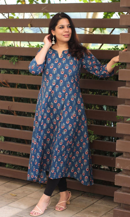 Cotton Block Print Blue Kali Kurta - Baareeki