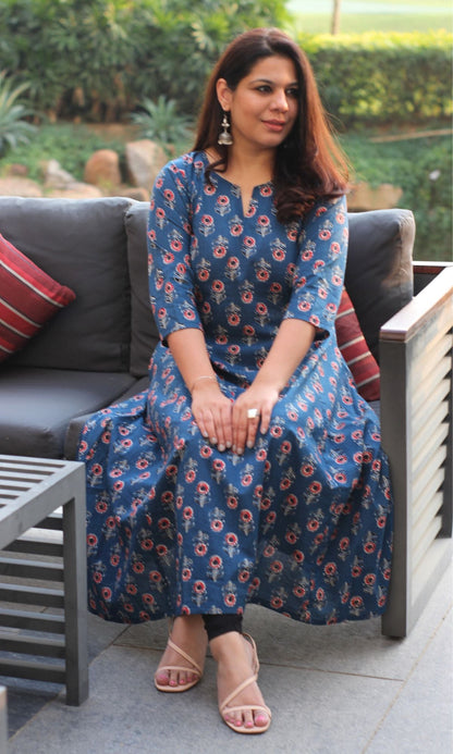 Cotton Block Print Blue Kali Kurta - Baareeki