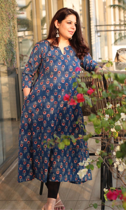 Cotton Block Print Blue Kali Kurta - Baareeki