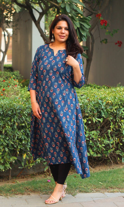 Cotton Block Print Blue Kali Kurta - Baareeki