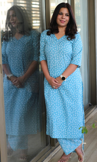 Cotton Block Print Blue Kurta and Pants - Baareeki