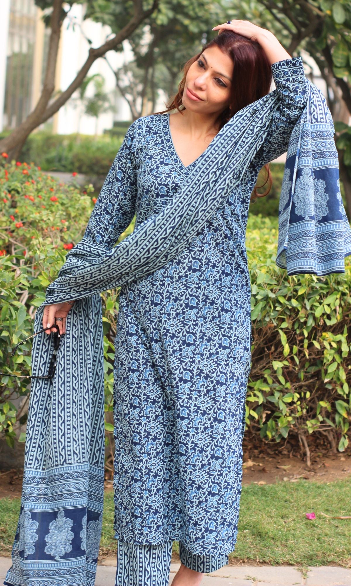 Cotton Block Print Blue Suit Set with Printed Cotton Dupatta - Baareeki