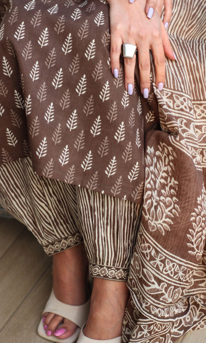 Cotton Block Print Brown Kurta and Afghani Pants with Mul Dupatta - Baareeki