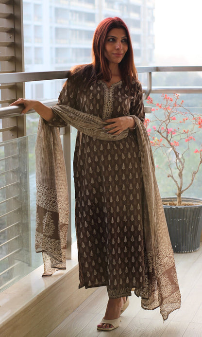 Cotton Block Print Brown Kurta and Afghani Pants with Mul Dupatta - Baareeki