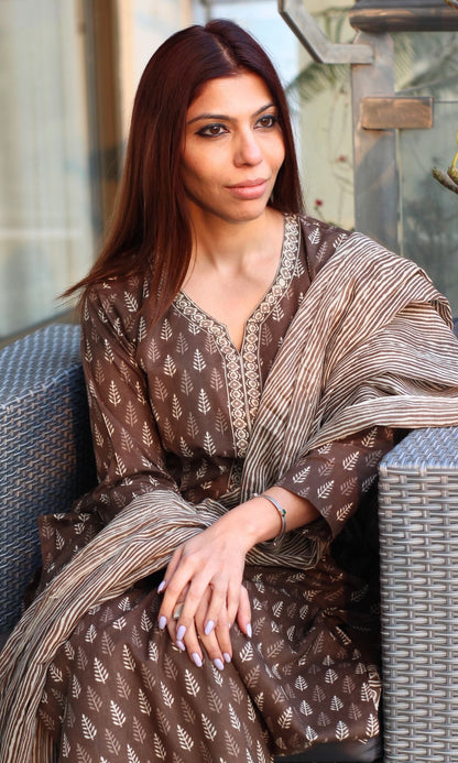 Cotton Block Print Brown Kurta and Afghani Pants with Mul Dupatta - Baareeki