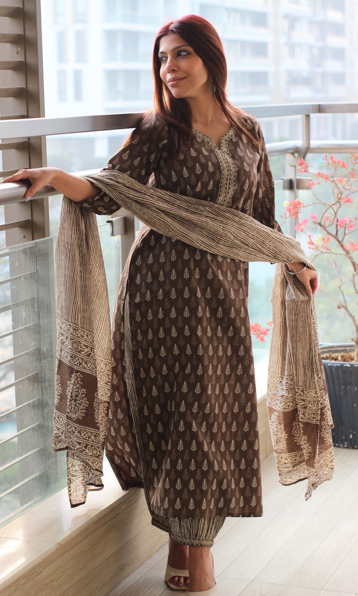 Cotton Block Print Brown Kurta and Afghani Pants with Mul Dupatta - Baareeki