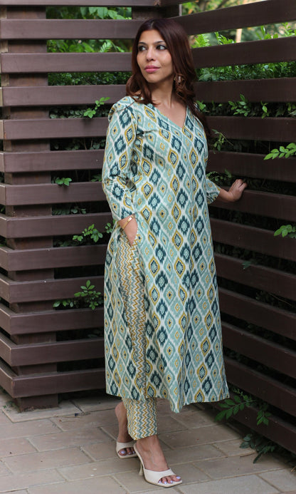 Cotton Block Print Green Kurta and Pants - Baareeki