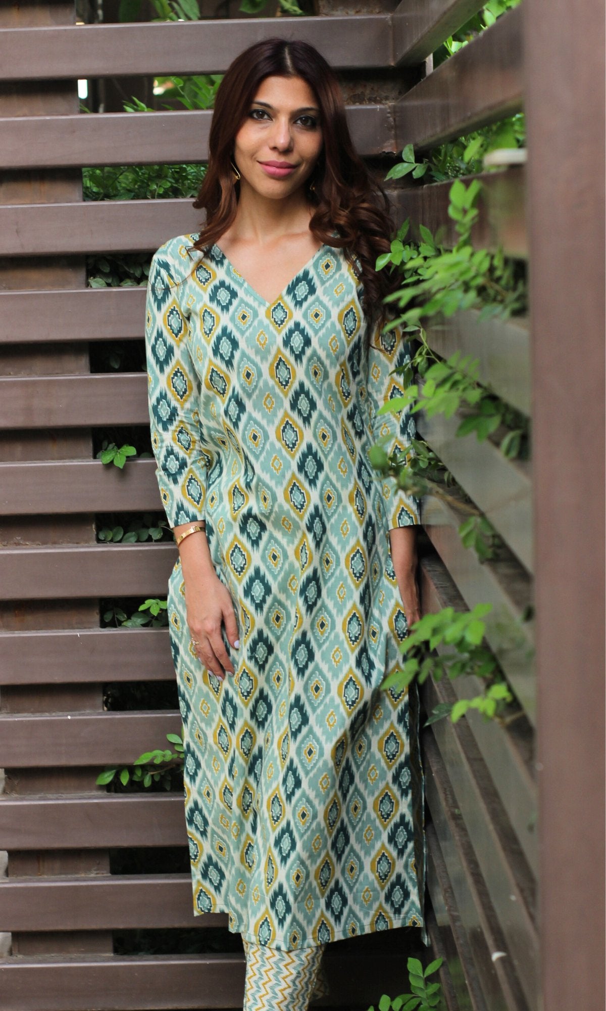 Cotton Block Print Green Kurta and Pants - Baareeki