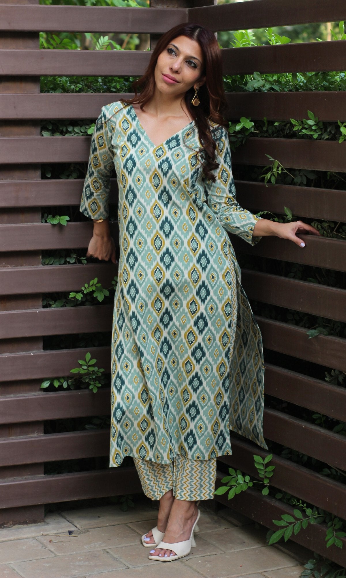 Cotton Block Print Green Kurta and Pants - Baareeki