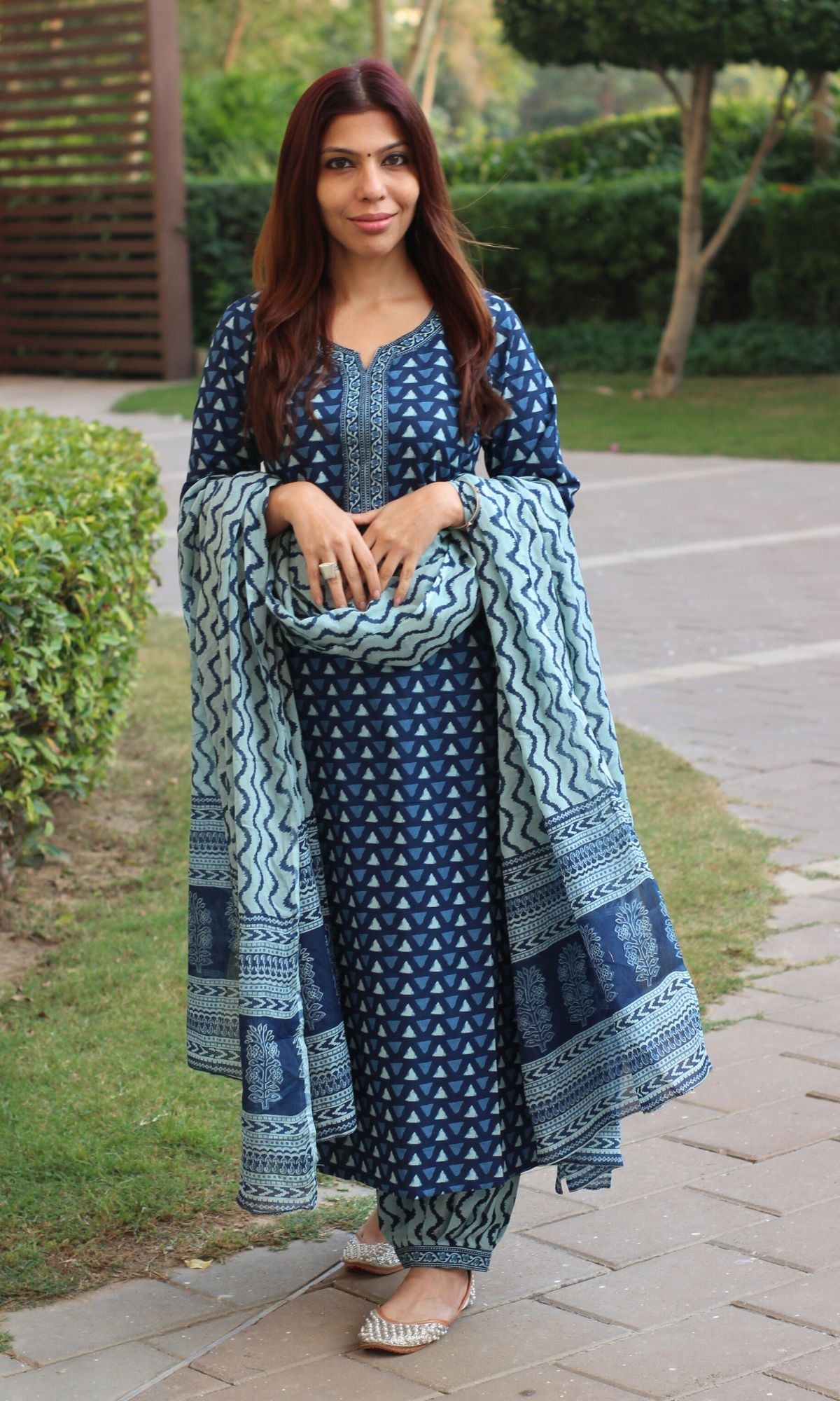 Cotton Block Print Indigo Suit Set with Cotton Dupatta - Baareeki