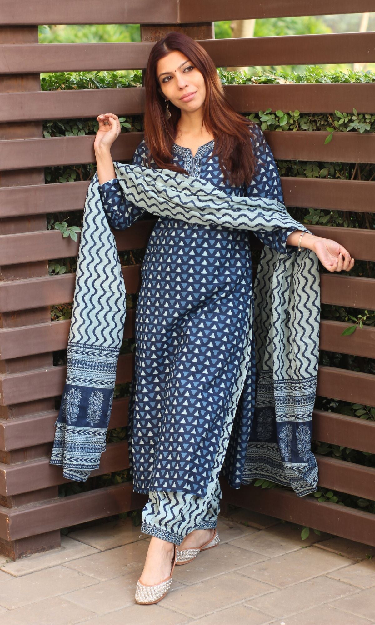 Cotton Block Print Indigo Suit Set with Cotton Dupatta - Baareeki