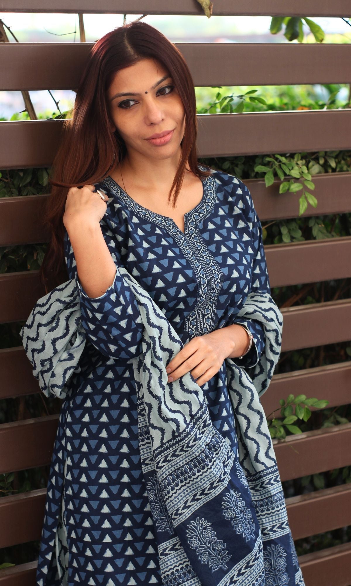 Cotton Block Print Indigo Suit Set with Cotton Dupatta - Baareeki