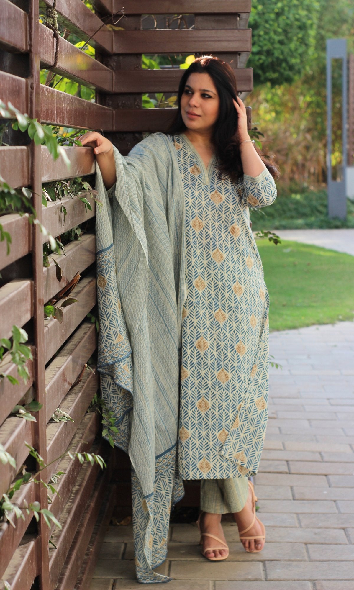 Cotton Block Print Light Blue Suit Set with Printed Cotton Dupatta - Baareeki