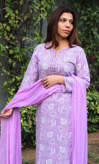 Cotton Block Print Lilac Suit Set with Chiffon Dupatta - Baareeki