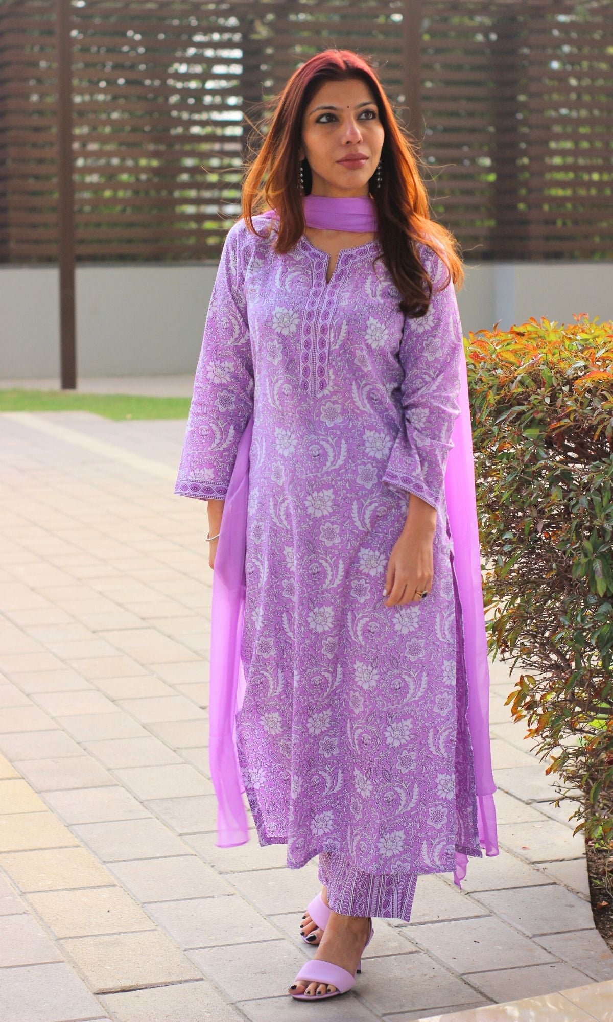 Cotton Block Print Lilac Suit Set with Chiffon Dupatta - Baareeki